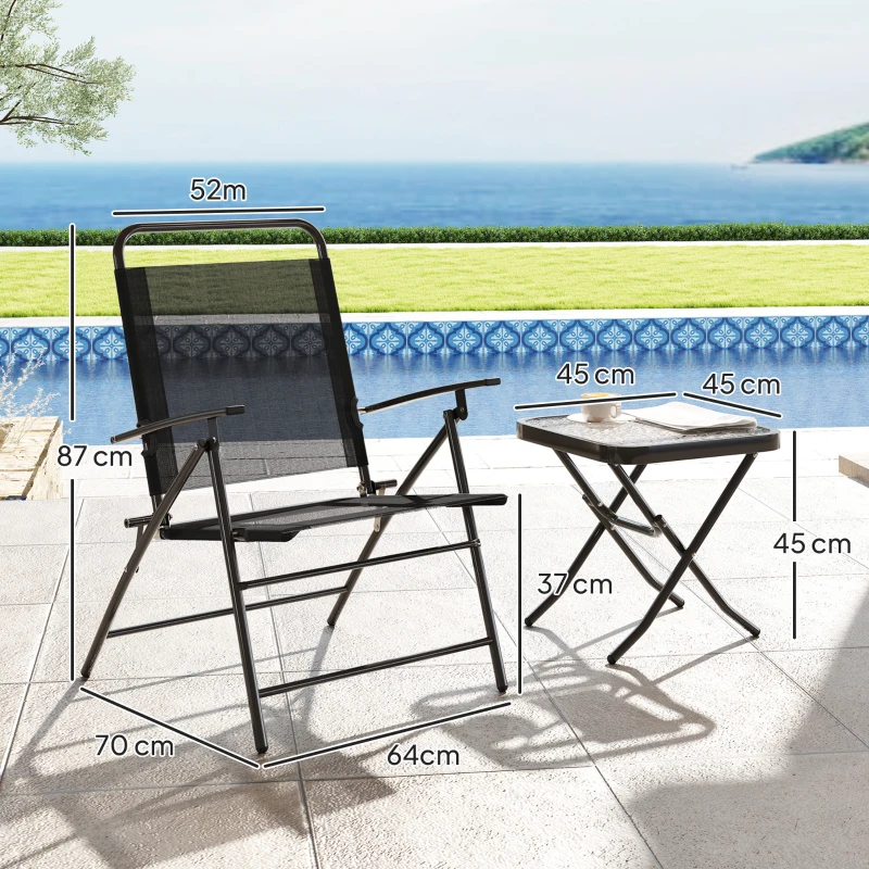 Outsunny Conjunto de 3 Piezas Mesa con Encimera de Cristal y Sillas Plegables con Respaldo Regulable para Terraza Exterior Negro