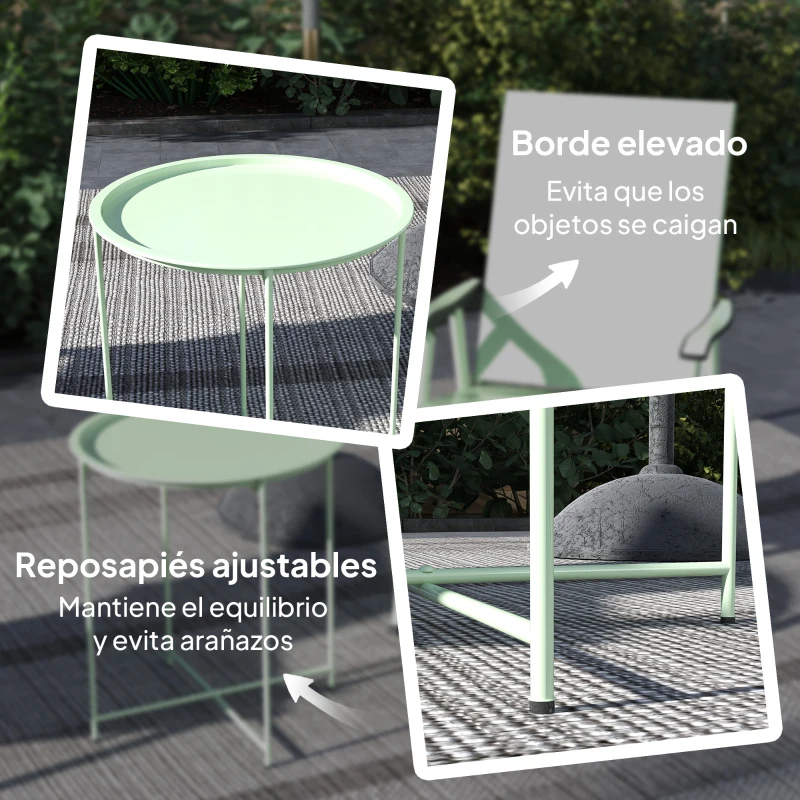 Outsunny Mesa de Jardín Redonda con Bandeja Extraíble Patas Ajustables y Acabado en Acero para Exterior Ø46x50 cm Verde