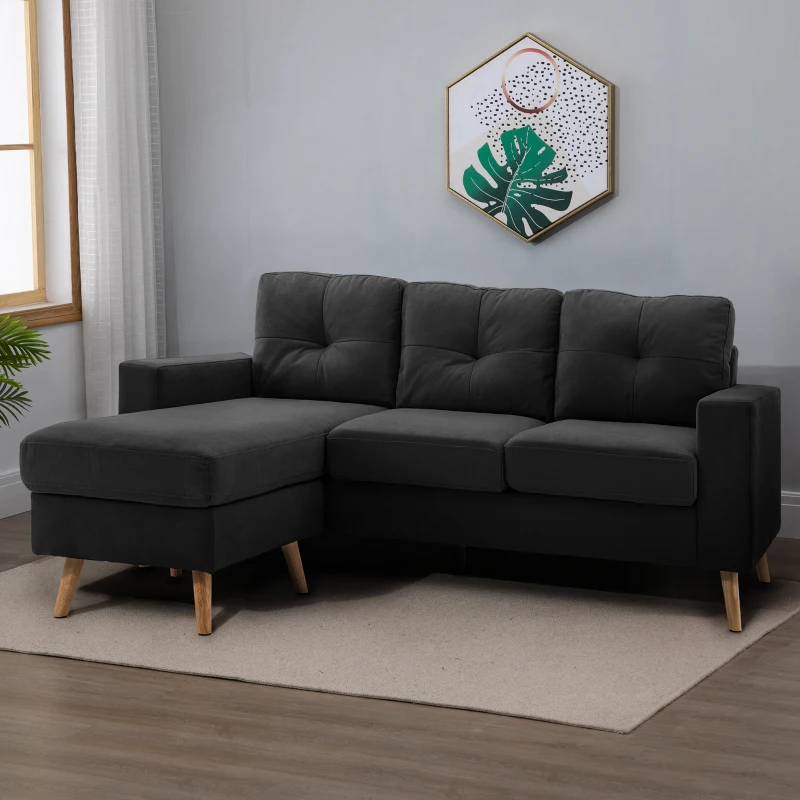 HOMCOM Divano 3 Posti ad Angolo con Penisola Reversibile e Cuscini, in Tessuto Effetto Lino, 193x136x85 cm, Nero