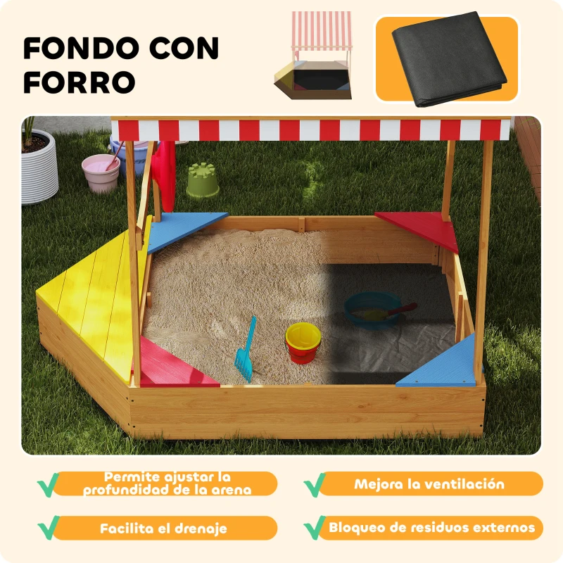 AIYAPLAY Arenero Infantil de Madera en Forma de Barco con Toldo Ajustable Timón y Forro de Base para Juegos al Aire Libre Natural