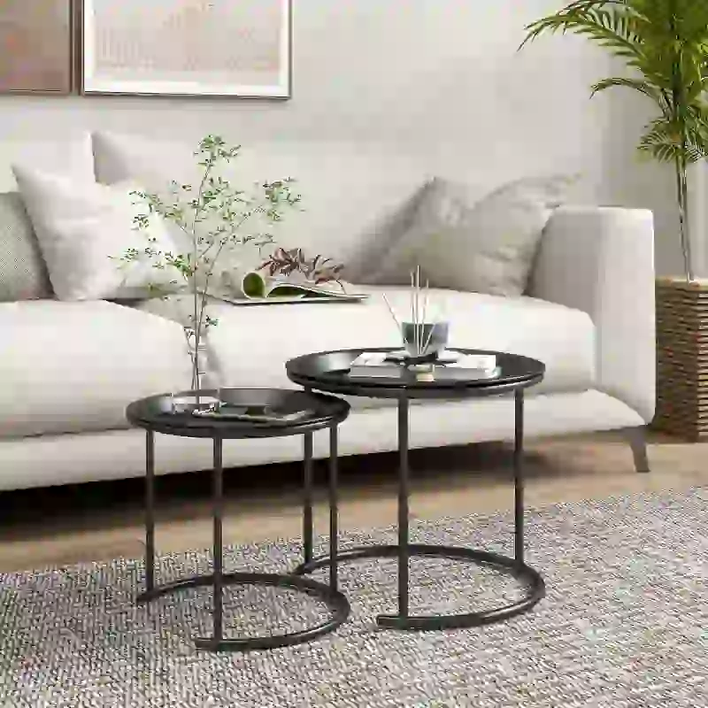 HOMCOM Nesting Tables Set of 2, Side End Table with Removable Tabletop Tray and Steel Frame for Living Room, Bedroom, Black