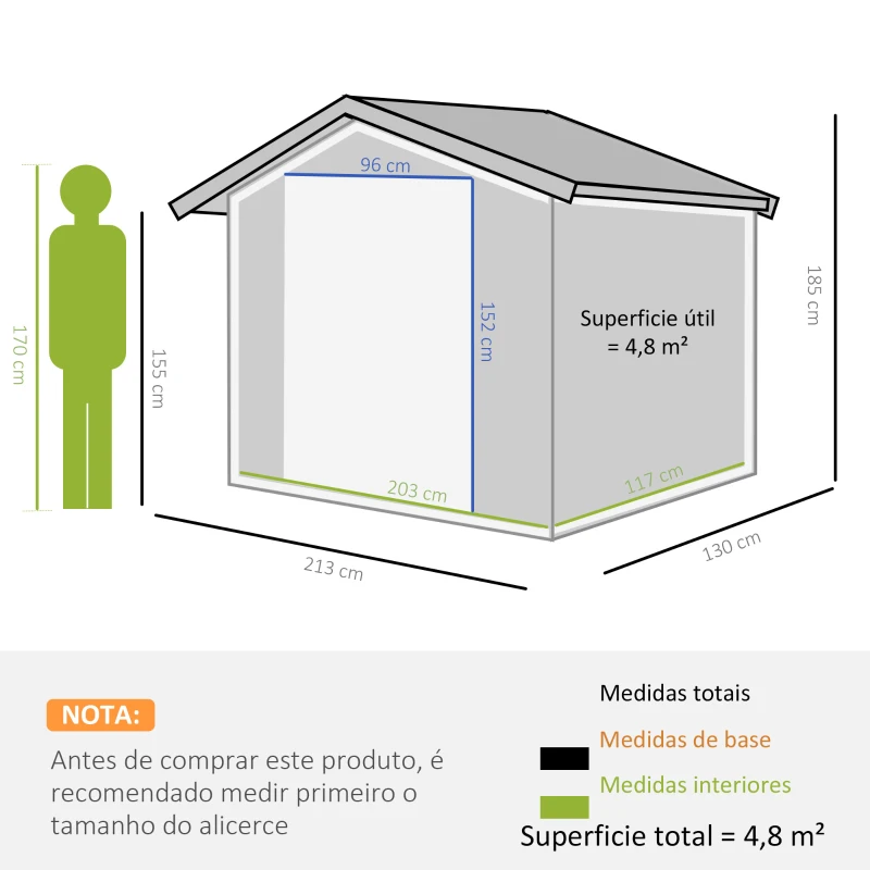 Outsunny Abrigo de Jardim 213x130x185 cm Abrigo de Jardim Metálico de Exterior com 2 Portas Deslizantes e 4 Janelas Madeira