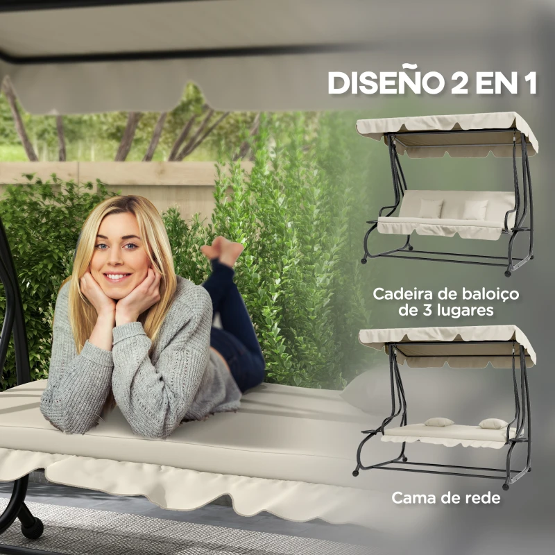 Outsunny Balancín de Jardín Exterior de 3 Plazas Convertible en Cama con Toldo Ajustable y 2 Almohadas Carga 340 kg Crema