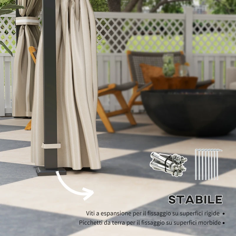 Outsunny Gazebo da Giardino 3.7 x 3 m con Zanzariera, Tende Laterali e Doppio Tetto, Beige
