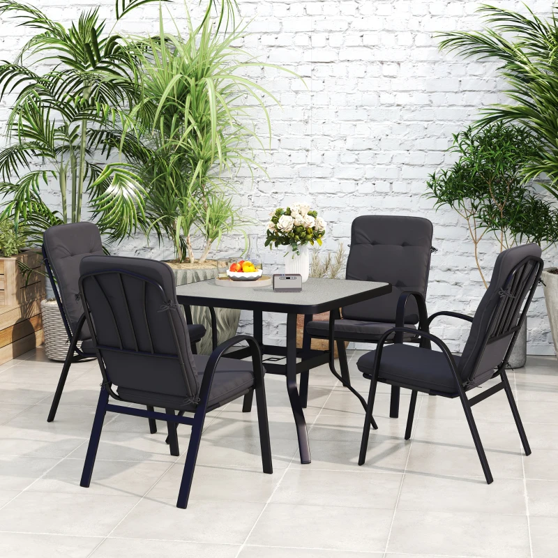 Outsunny 5 Pieces Outdoor Square Garden Dining Set w/ Tempered Glass Dining Table 4 Cushioned Armchairs, Umbrella Hole, Black