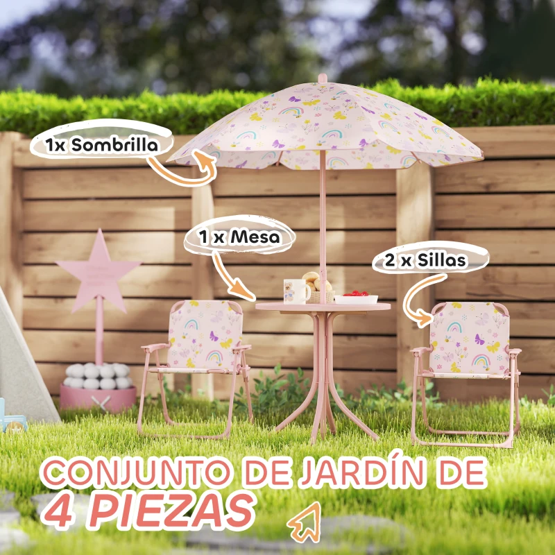 AIYAPLAY Conjunto Infantil de Jardín Plegable con 2 Sillas Mesa y Sombrilla Ajustable para Niños de 2 a 5 Años Rosa
