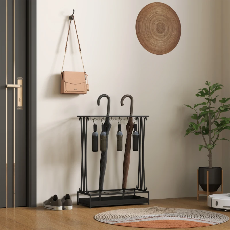 HOMCOM Paragüero Moderno de Acero con 21 Espacios y 24 Ganchos Bandeja Recogegotas Extraíble para Entrada 50x24x68 cm Negro