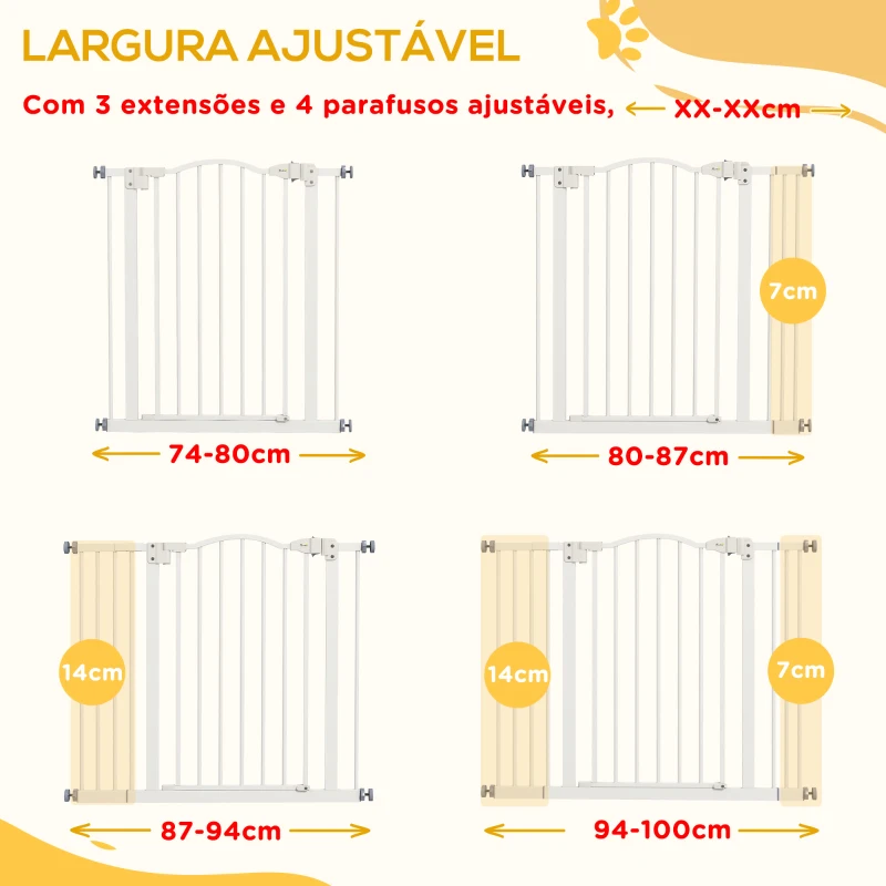 PawHut Barreira de Segurança para Cães com Largura Ajustável 74-100 cm e Extensões para Escadas e Portas Branco