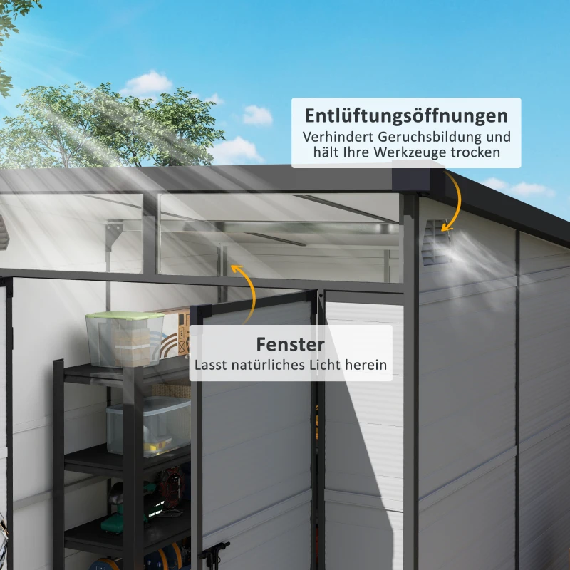 Outsunny 1,9 x 1,9 m Tuinschuur, Opslagschuur uit Kunststof, met Afsluitbare Deuren, 2 Ventilatieopeningen, Lichtgrijs