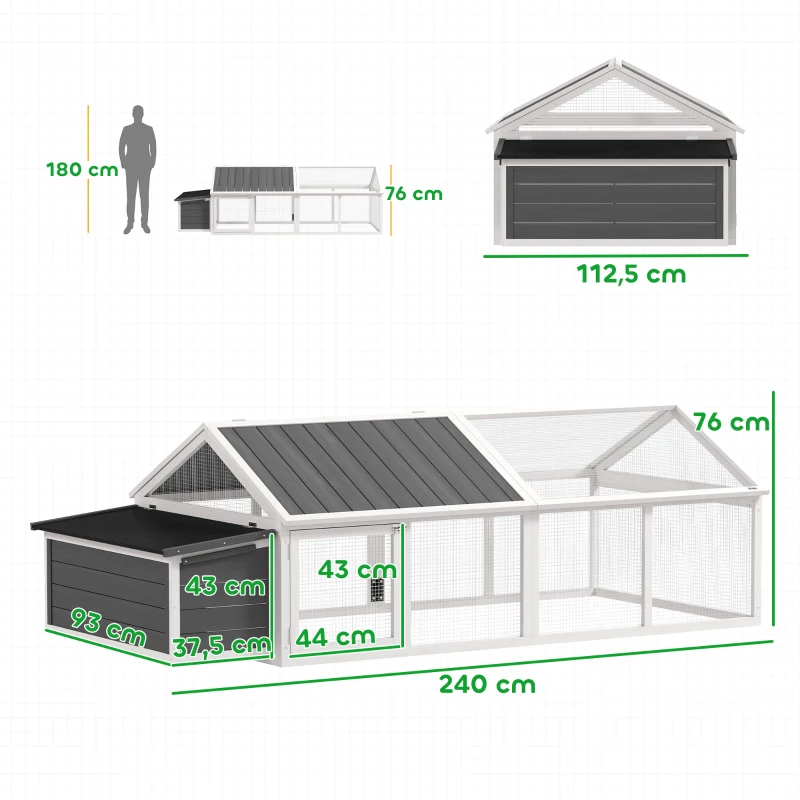 PawHut Gallinero para Exterior de Madera 240x112,5x76 cm con Techo Abatible Corral Puertas con Cerradura y Nido Blanco y Gris