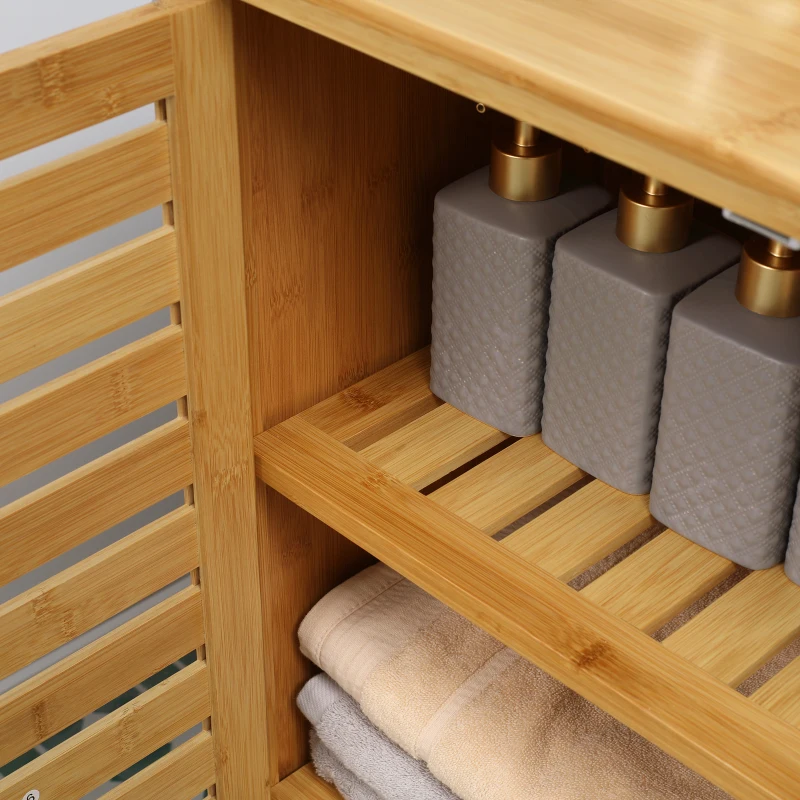 kleankin Badezimmerschrank, Bambusschrank mit Lamellendesign für Badezimmer, Flur, kompakte Größe, viel Stauraum, Naturholz(m-9)