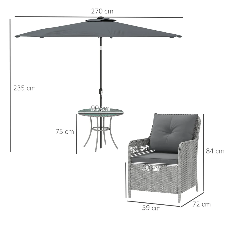 Outsunny 4 Seater Rattan Dining Set with Parasol & Cushions - Light Grey