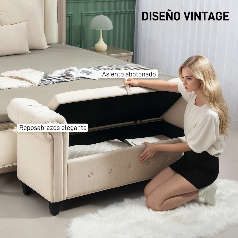 HOMCOM Banqueta de Almacenaje con Reposabrazos Enrollados para Dormitorio Salón Pasillo 146,5x49x74,5 cm Beige(m-6)