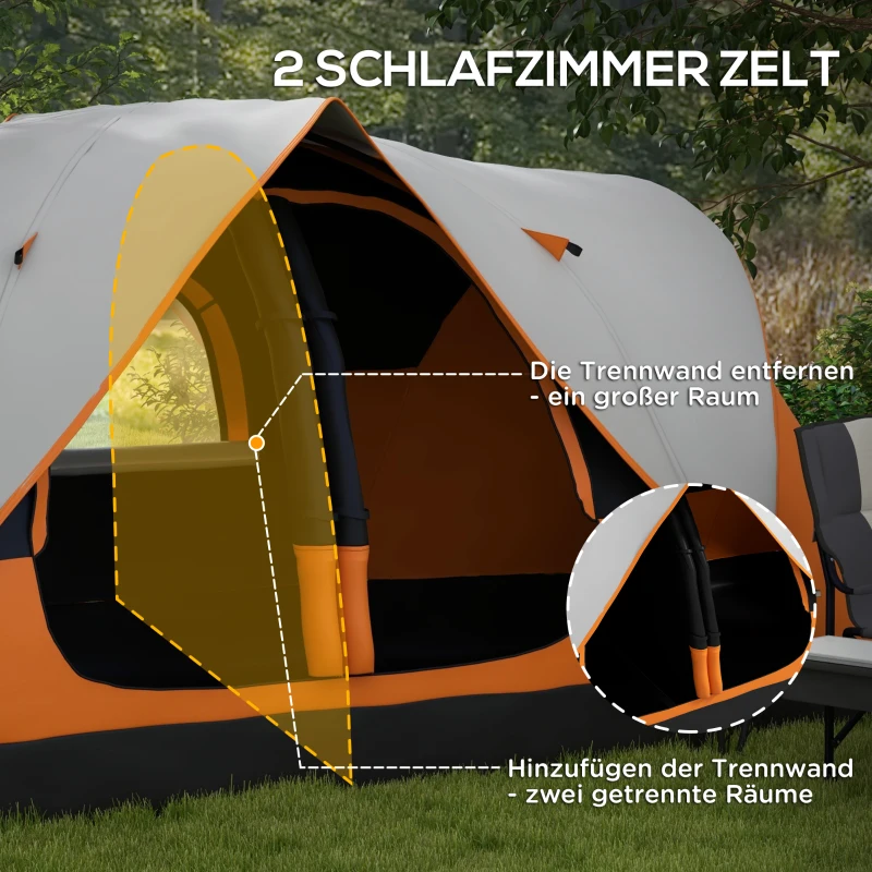 Outsunny Campingzelt, 2 Räume, Trennwand, für 6-8 Personen, Regenschutz, Orange(m-5)