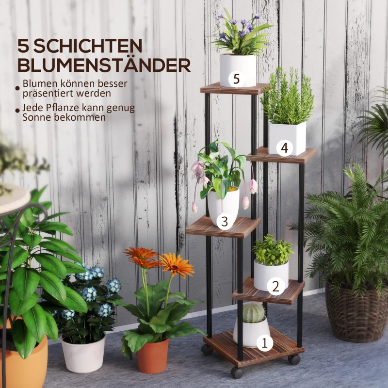 Outsunny Blumenständer mit 5 Ebenen, 5-stufiger Pflanzenständer, versetztes Design, leicht zu verschieben, Holz, Stahl