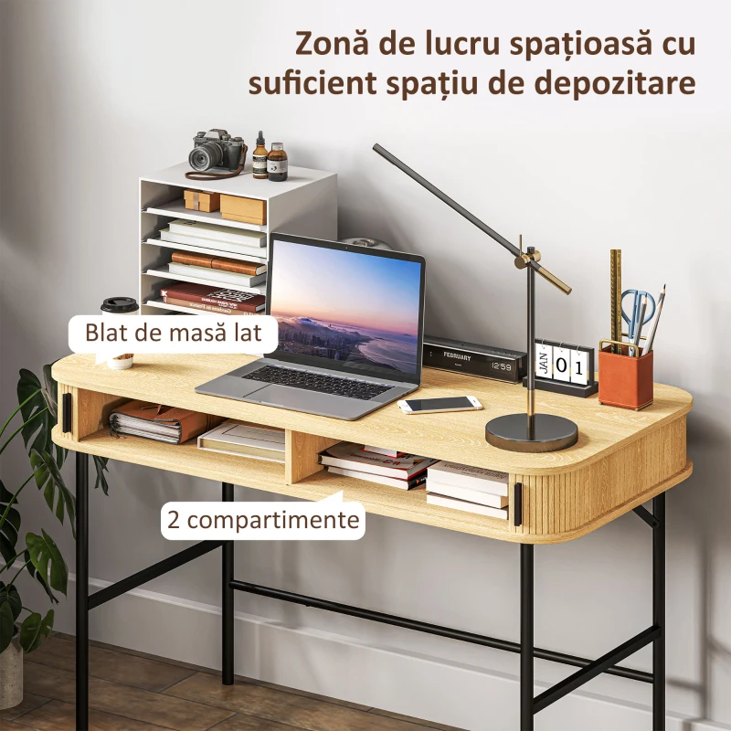 HOMCOM Birou cu Uși Canelate în Stil Contemporan, Birou pentru PC din Lemn și Oțel, 120x60x76,5 cm, Lemna Natural