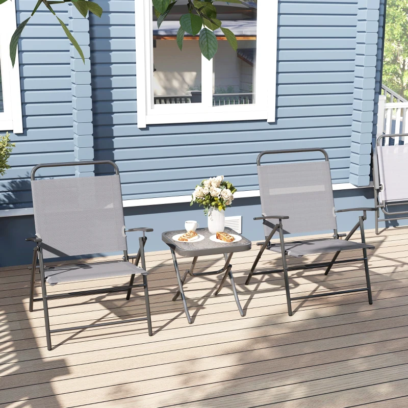 Outsunny Conjunto de 3 Piezas Mesa con Encimera de Cristal y Sillas Plegables con Respaldo Regulable para Terraza Exterior Gris