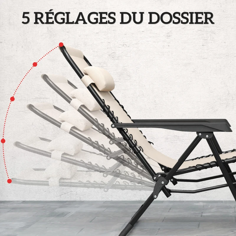 Outsunny Lot de 2 chaise longue pliable et inclinable avec table d'appoint, porte-gobelets et appuie-têtes, charge 120 kg, beige