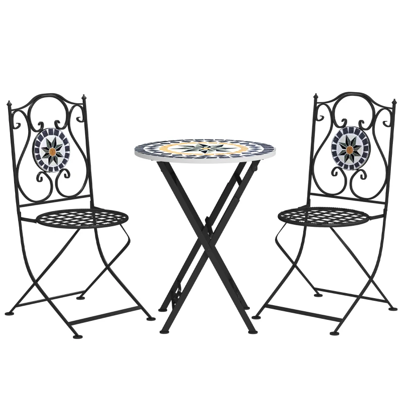 Outsunny Conjunto de Jardín de 3 Piezas con Mesa Redonda y Sillas Plegables y Patrón de Mosaico Geométrico Multicolor
