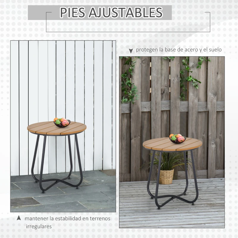 Outsunny Mesa Redonda de Jardín con Diseño de Listones y Patas Ajustables para Terraza Balcón y Jardín Ø49x48 cm Madera y Negro