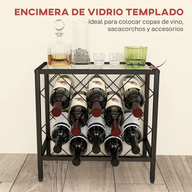 HOMCOM Botellero Vino para 10 Botellas con Encimera de Vidrio Templado y Marco de Acero para Salón Comedor 41x22x41 cm Negro