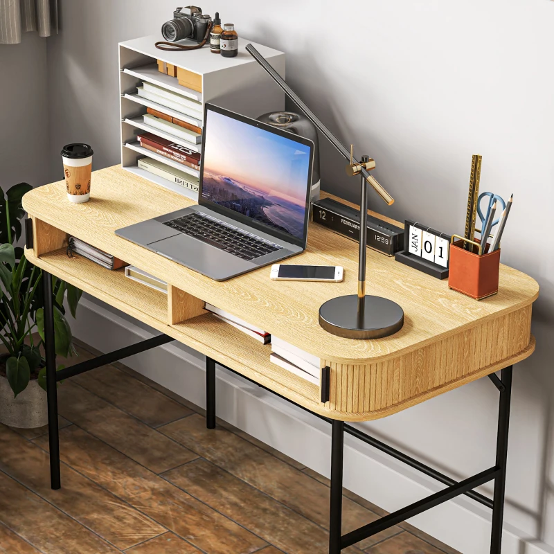 HOMCOM Schreibtisch, Retrostil, Lamellendekor, Staufächer, Stahlbeine, 120 x 60 x 76,5 cm, Eiche/Schwarz