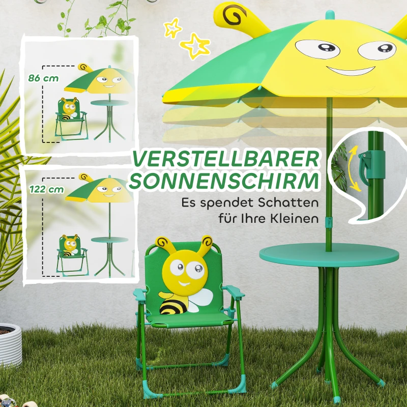 AIYAPLAY Tuinmeubelset voor Kinderen, Stoelen, Tafel, Parasol met Bijenontwerp, Groen+Geel