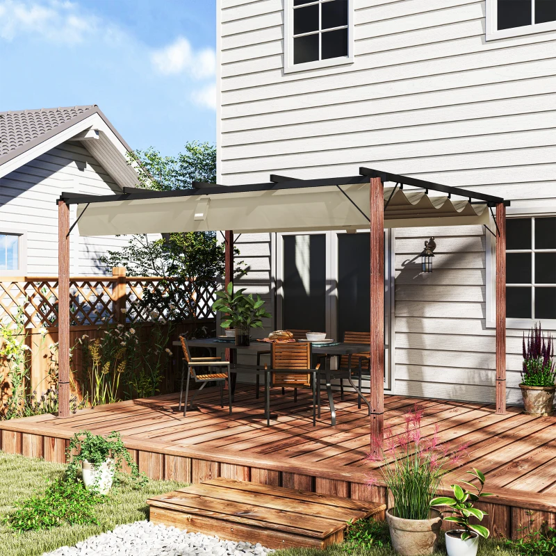 Outsunny Pérgola de Jardín 4x3 m con Techo Retráctil y Marco de Aluminio con Acabado Madera UPF30+ para Patio Terraza Porche