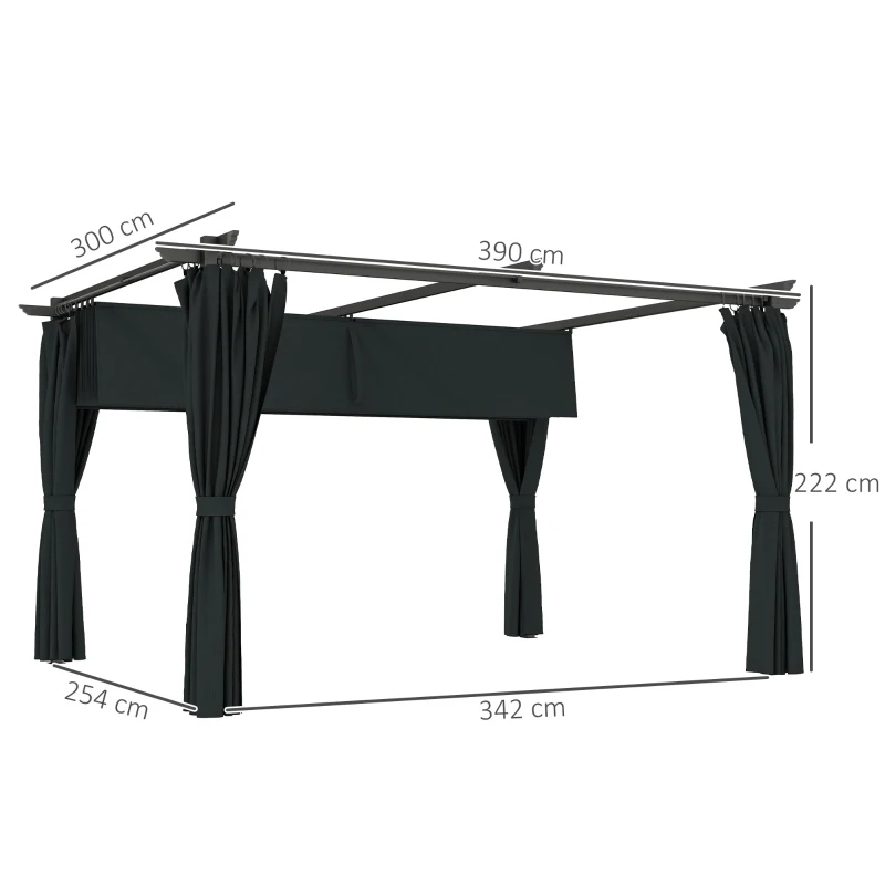 Outsunny Pérgola con Techo Retráctil 4x3 m Cenador con Paredes Laterales Anti-UV Resistente al Agua para Jardín Patio Gris Oscuro