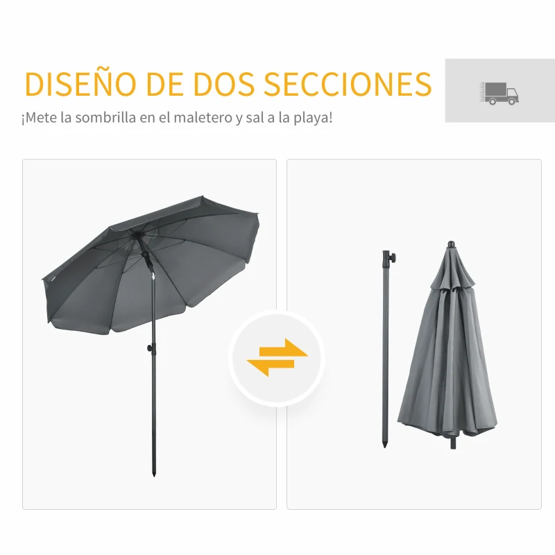 Outsunny Sombrilla de Playa con Protección UV50+ Mástil de Ø32 mm y Toldo Ajustable Ø180x209 cm Gris Oscuro