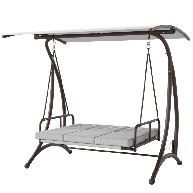 Outsunny Columpio de Jardín de 3 Plazas Convertible en Cama con Toldo Ajustable UPF30+ y Cojines 200x120x175 cm Gris Claro