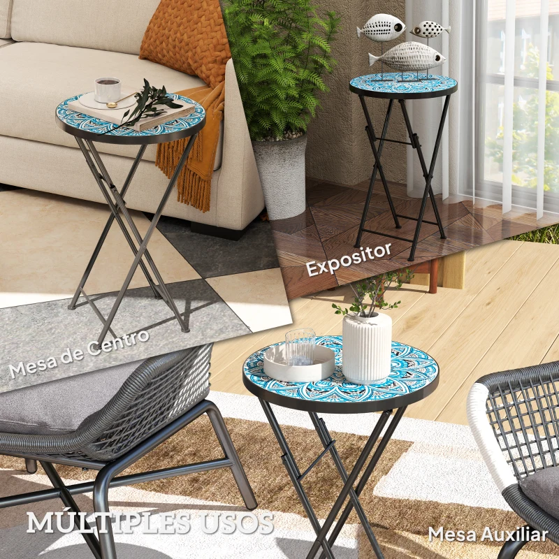 Outsunny Mesa Auxiliar Redonda de Jardín Plegable con Encimera de Mosaico y Almohadillas Antideslizantes Ø35,5x55 cm Azul