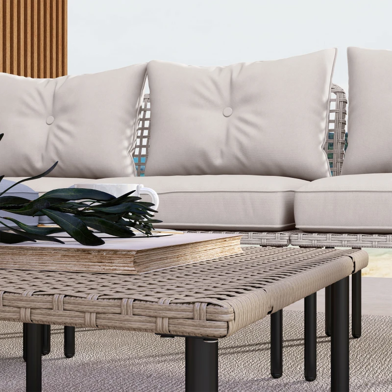 Outsunny Conjunto de Jardín de Ratán Sintético con Sofá de Exterior de 4 Módulos y 1 Mesa de Centro y Cojines Crema