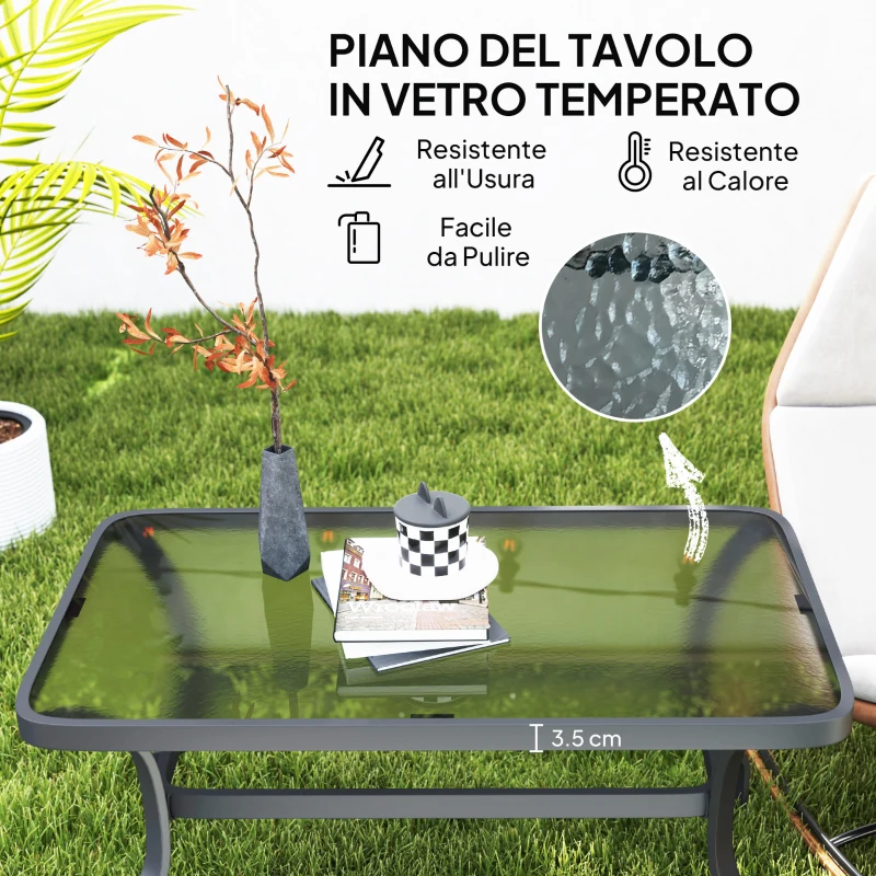 Outsunny Tavolino da Esterno Rettangolare in Metallo Nero con Piano in Vetro Temperato, 95x55x46 cm