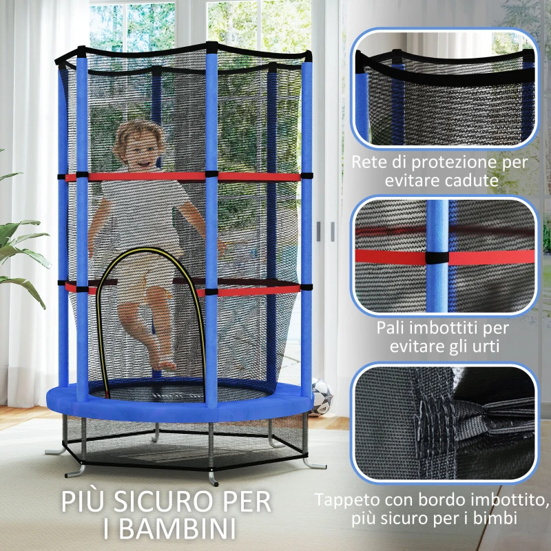 HOMCOM Tappeto Elastico per Bambini 3-6 Anni con Rete di Protezione, 6 Colonne e 3 Ingressi, Ø140x190 cm, Blu e Nero