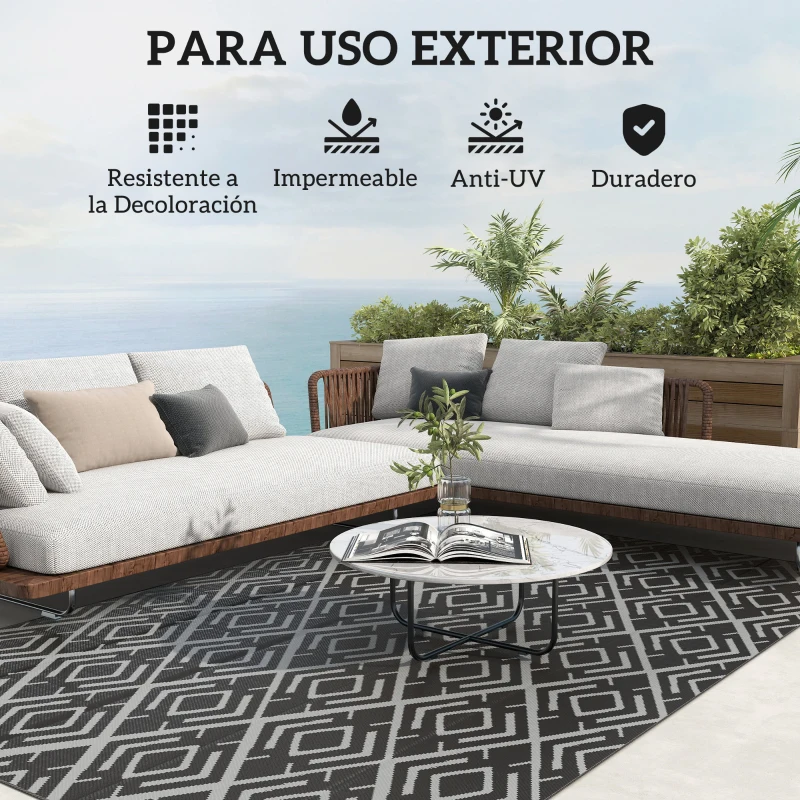 Outsunny Alfombra de Exterior Reversible 182x274 cm con Patrón Geométrico de Rombos Impermeable Bolsa de Transporte Negro