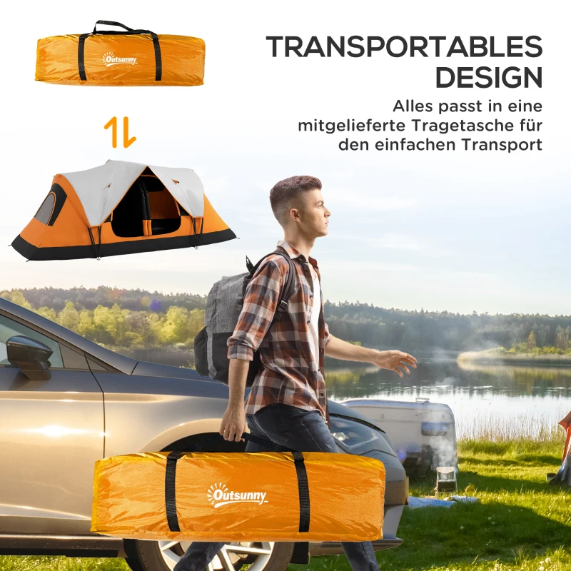 Outsunny Campingzelt, 2 Räume, Trennwand, für 6-8 Personen, Regenschutz, Orange(m-7)