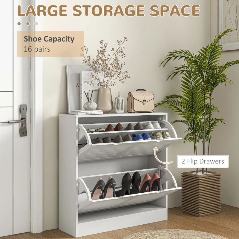 HOMCOM 2 Drawers Entryway Shoe Cabinet, Narrow Shoe Storage Cabinet with 2 Flip Drawers, Louvred Door Design and Adjustable Shelves for 16 Pairs of Shoes, White