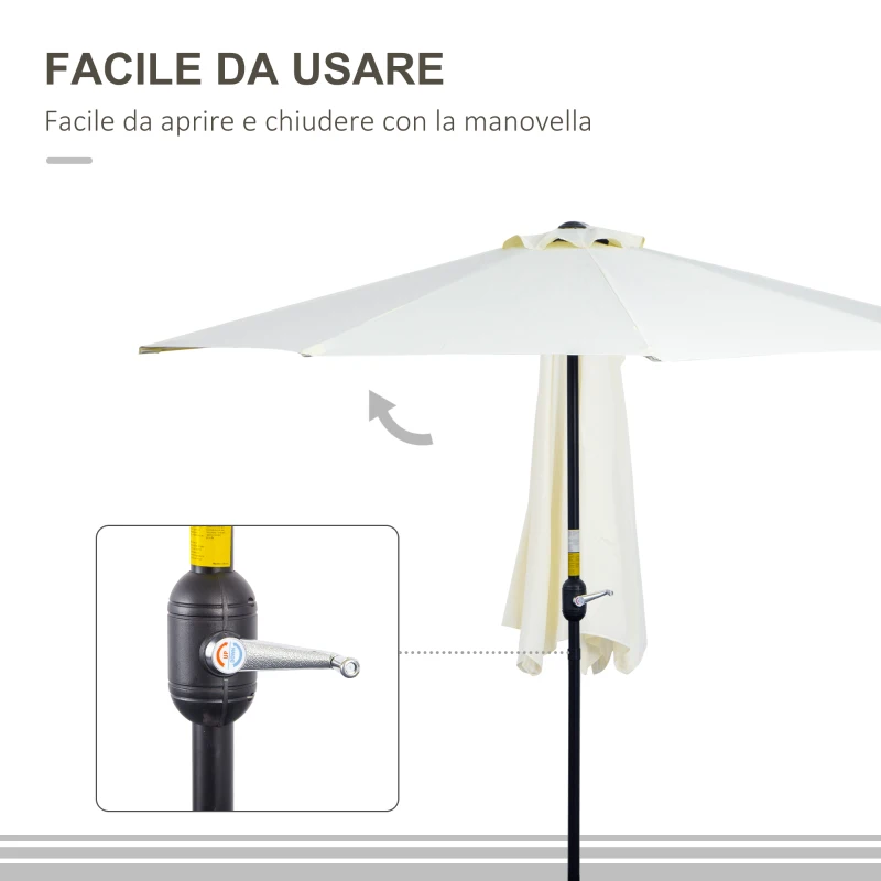 Outsunny Ombrellone da Terrazza a Mezzaluna con Apertura a Manovella e Palo a 2 Sezioni, 2.6x1.35 m, Beige