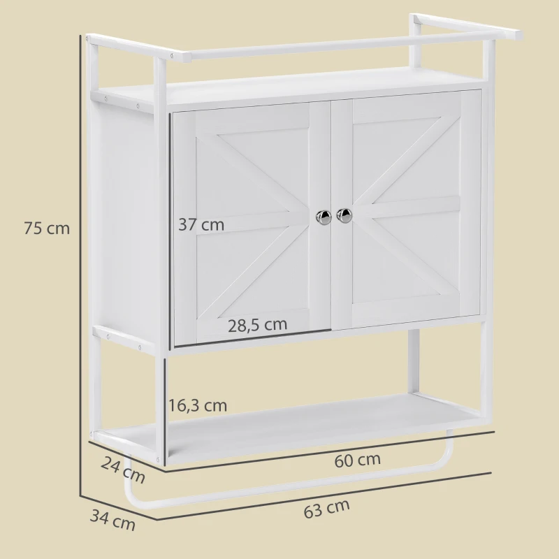 HOMCOM Armario de Pared para Baño Mueble de Baño Suspendido con 2 Puertas Estante Toallero 63x34x75 cm Blanco