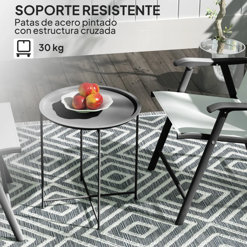 Outsunny Mesa de Jardín Redonda con Bandeja Extraíble Patas Ajustables y Acabado en Acero para Exterior Ø46x50 cm Negro