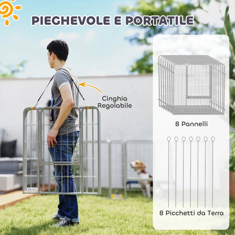 PawHut Recinto per Cani a 8 Pannelli Modulabili Pieghevole con Porta in Acciaio, Altezza 80 cm, Argento