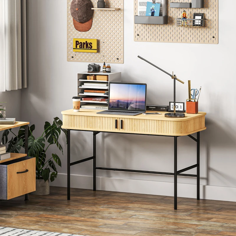 HOMCOM Bureau d'ordinateur table de bureau informatique portes à tambour à lattes 2 compartiments 120 x 60 cm ton chêne et noir