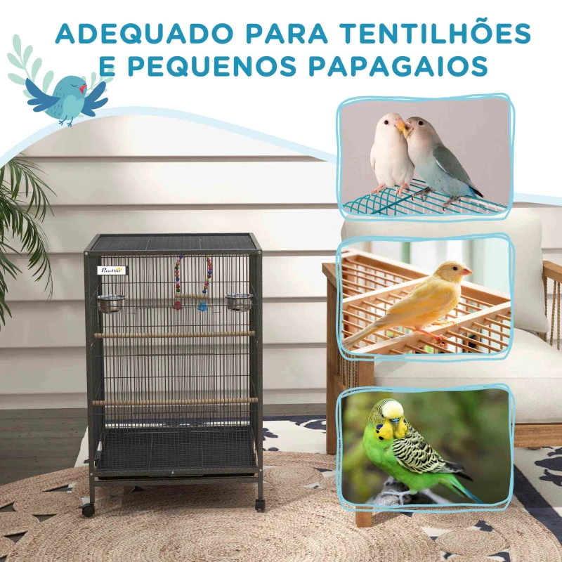 PawHut Gaiola para Pássaros com Rodas Gaiola para Aves com Comedouro Poleiro Baloiço e Bandeja Amovível 48x46x74 cm Cinzento