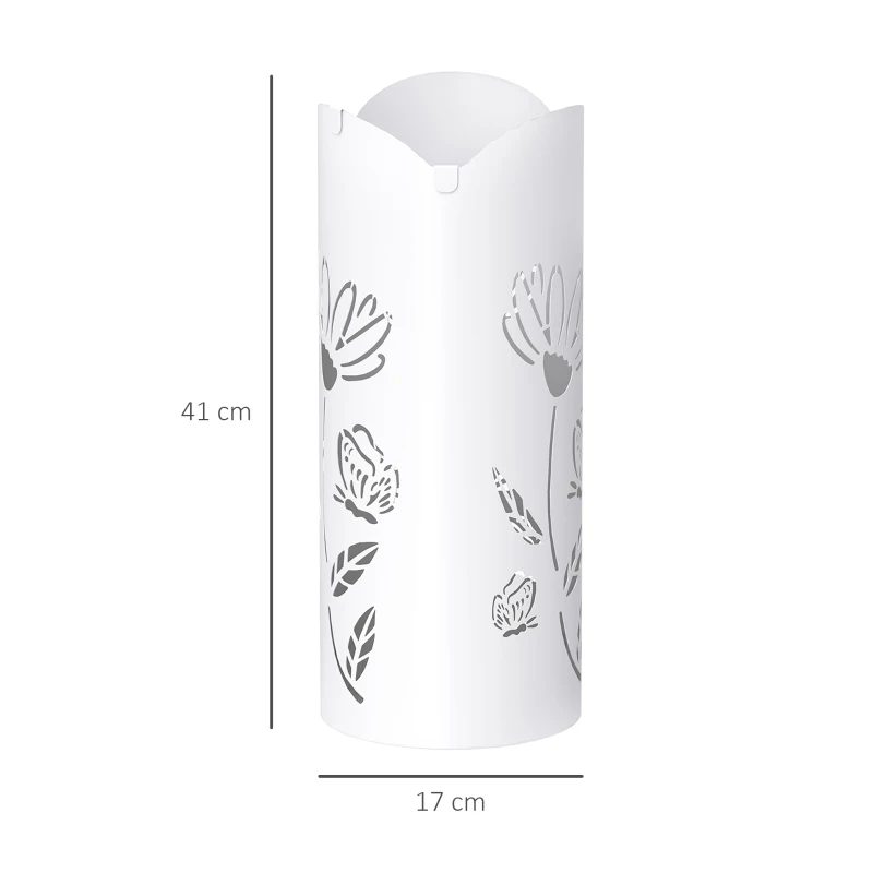 HOMCOM Paragüero de Acero con 4 Ganchos y Bandeja de Goteo Extraíble y Diseño Decorativo 17x17x41 cm Blanco