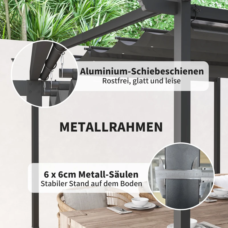 Outsunny 3 x 3 m Garten-Pergola mit verstellbarem Dach, Metallrahmen, UPF30+ Schutz, Sonnendach für Veranda, Terrasse, Dunkelgrau