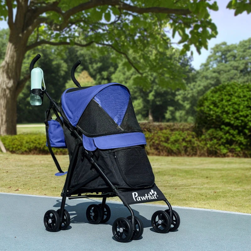 PawHut Foldable Dog Stroller, Lightweight Dog Pram w/ Shoulder Strap, Storage Bag, Cup Holder, Dark Blue