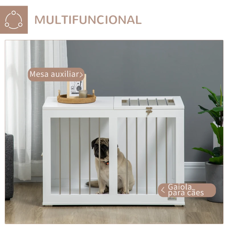 PawHut Gaiola para Cães com 2 Portas Bloqueáveis Casa para Cães de Tamanho Médio para Interior e Mesa Auxiliar 80x50x56,5 cm Branco