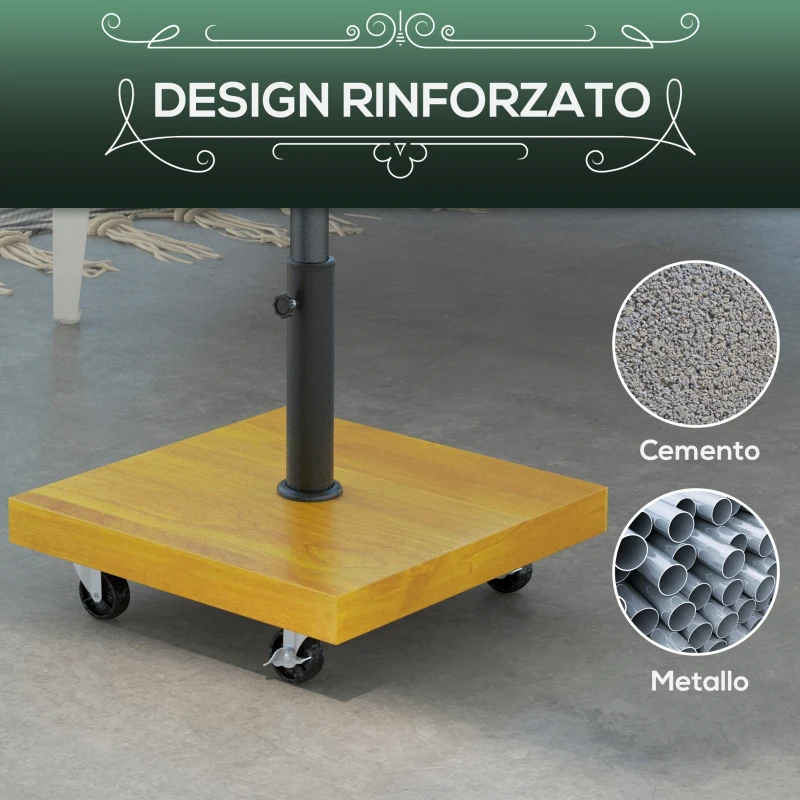 Outsunny Base per Ombrellone da 25kg in Metallo e Cemento con Ruote ed Effetto Legno, 45x45x36.5cm, Giallo
