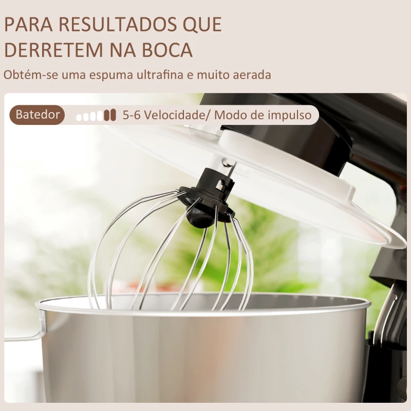 HOMCOM Batedeira 133W 4,5L com 6 Velocidades Tigela de Aço Inoxidável Ganchos e Proteção Tampa Anti-Respingos 35x22x29 cm Preto